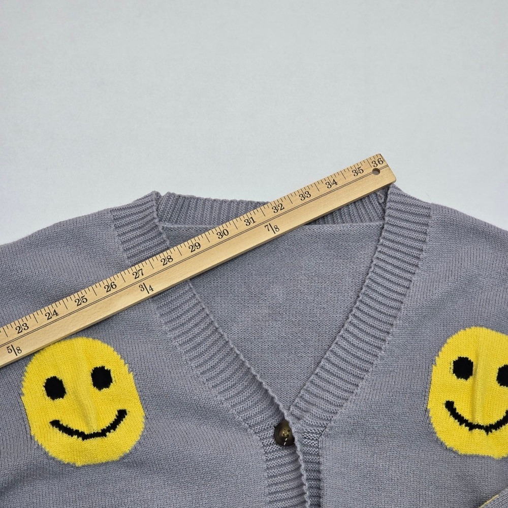 Smiley Face Graphic Knit Cardigan Grey Yellow XL HY052-XYT-07 - Picture 12 of 12